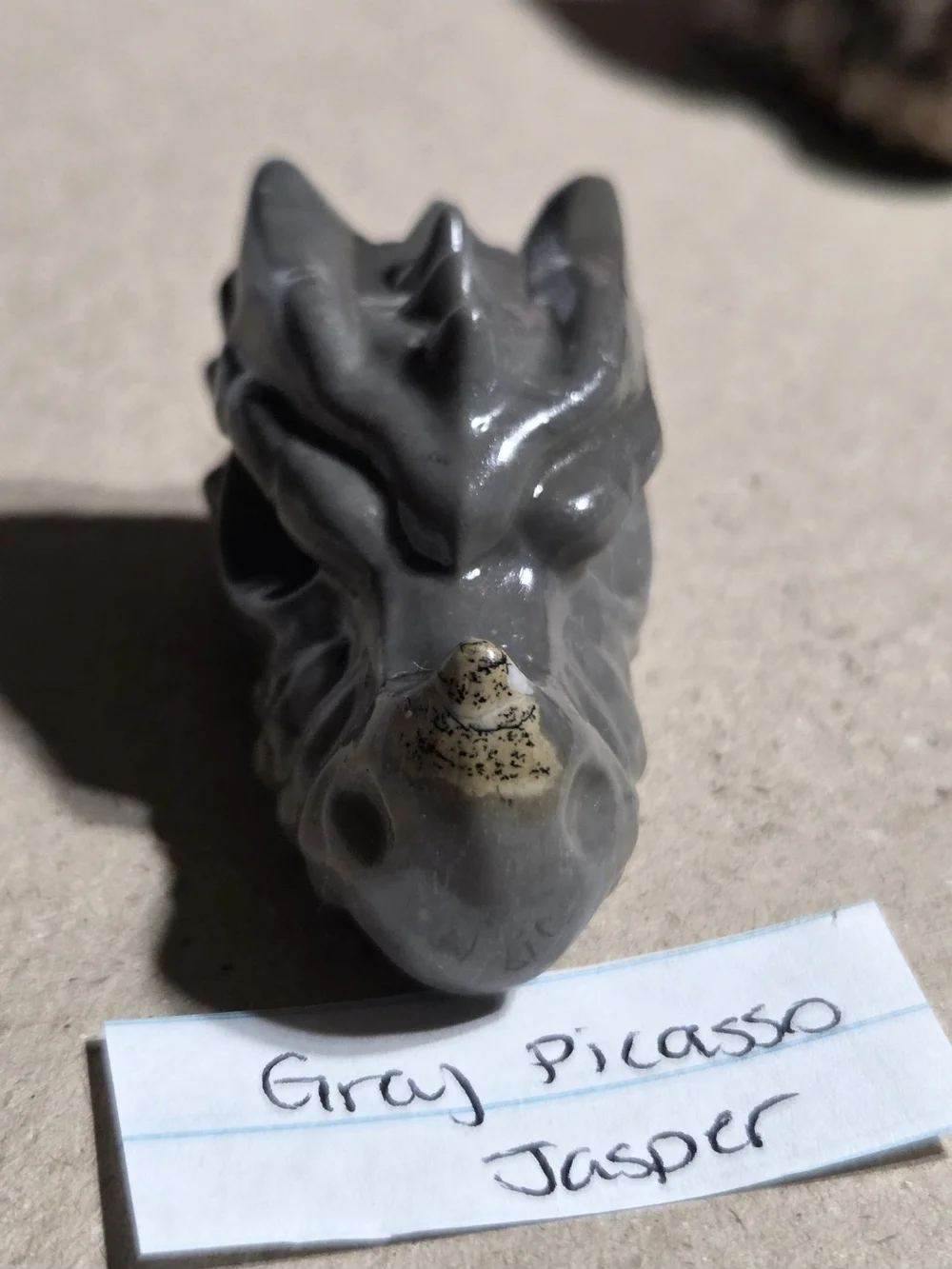 Detailed Picasso Jasper Crystal Carved Dragon Head Stone Sculpture Decor